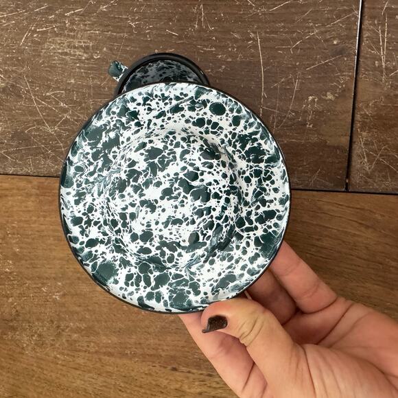 Vintage Reproduction White Green Child Size Granite Enamel Ware Tea cup & saucer - Picture 9 of 11